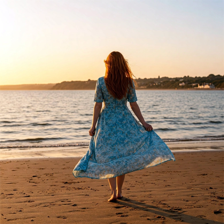 2wenti lone woman wearing sustainable dress on bournemouth beach